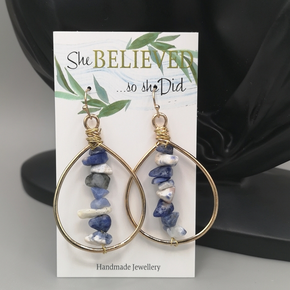 Real Natural Stone & Gold Tone Teardrop Hoop - Picture 1 of 3